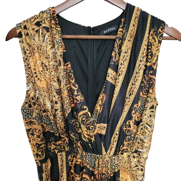 Banjul Sleeveless Baroque Print Ruched Dress Womens Size L Black Gold Party - Picture 3 of 8